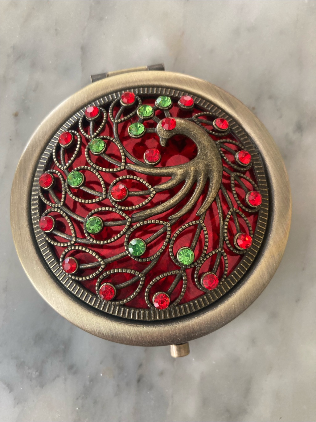 Ornate Red Compact Mirror With Green Gem Accents